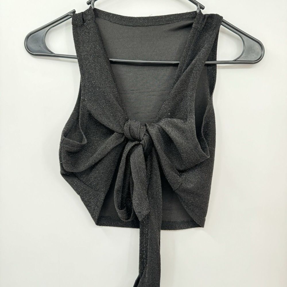 SHEIN Large Crop Top Women Black Metallic Shimmer VNeck Tie Back swvest071909191